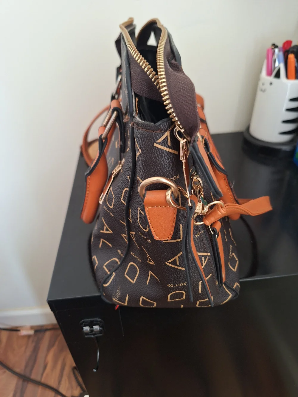 Brown Monogram Satchel Handbag with Tan Trim